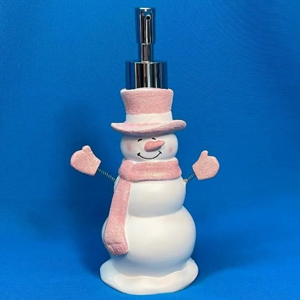 NEW ADORABLE SNOWMAN SOAP / LOTION PUMP DISPENSER WHITE & PINK GLITTER SPARKLE